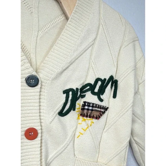Womens Cream Cable Knit‎ Embroidered Dream Sport Cardigan Sweater M - Picture 2 of 5
